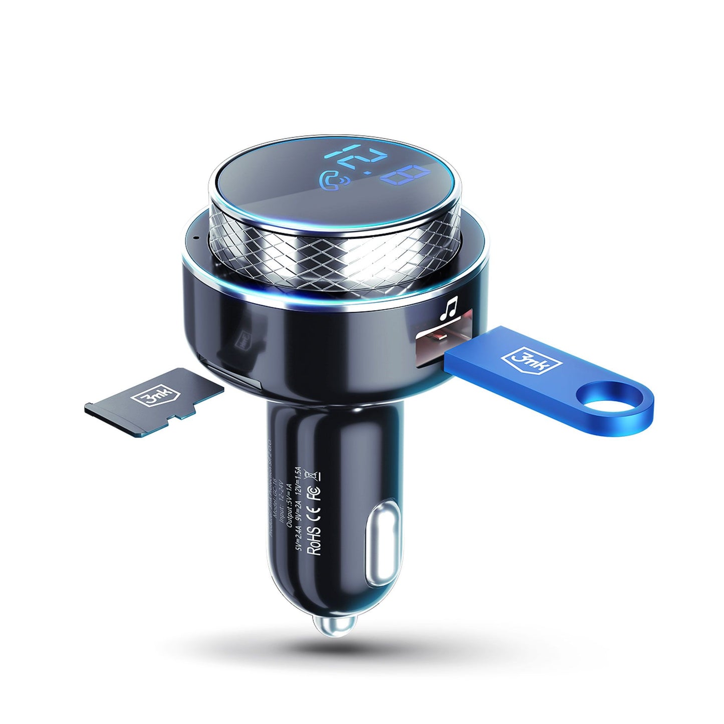 3MK Hyper Car FM-Transmitter Bluetooth | 2x USB-A & microSD | QC | Schwarz