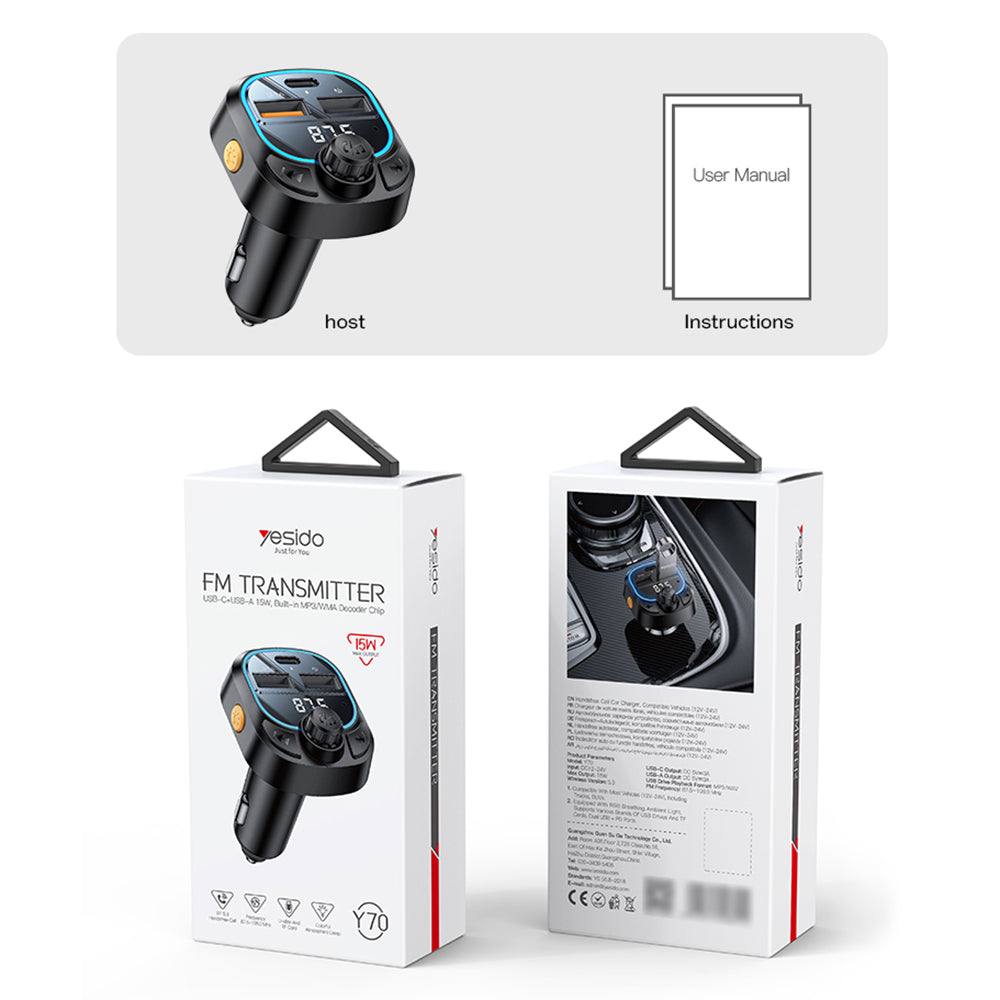 FM Bluetooth Modulator Yesido Y70, 2 x USB-A - 1 x USB-C