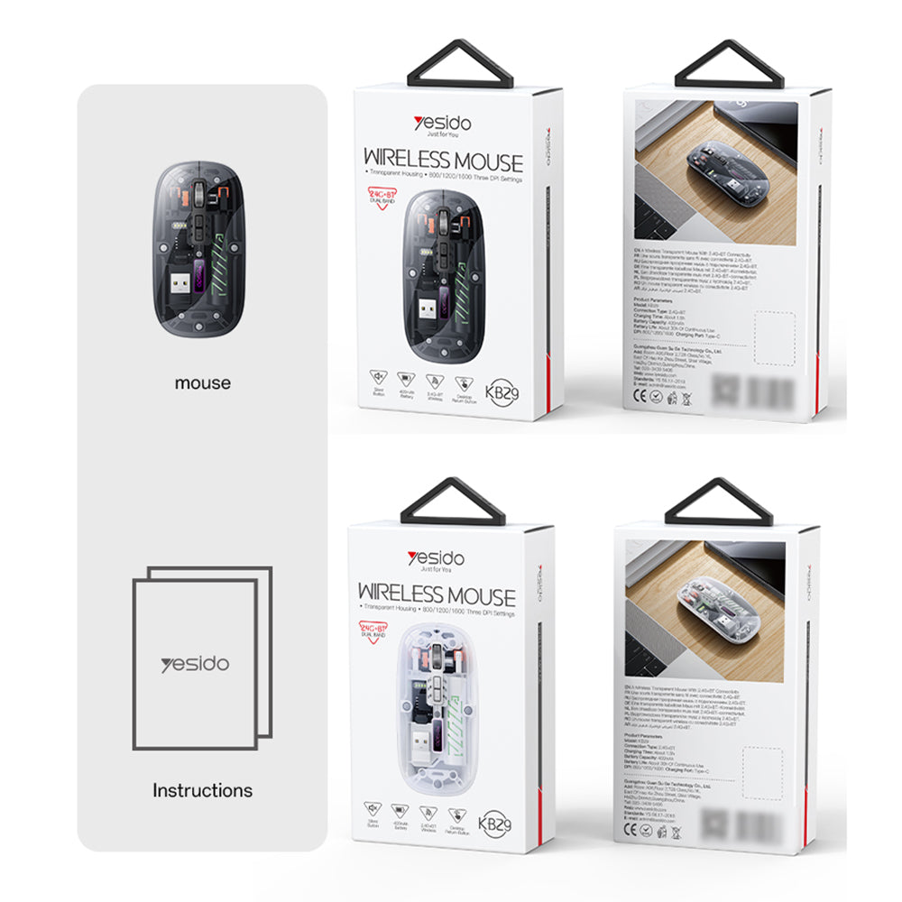 Kabellose Maus Yesido KB29, 800DPI - 1600DPI, BT / Wi-Fi, Schwarz