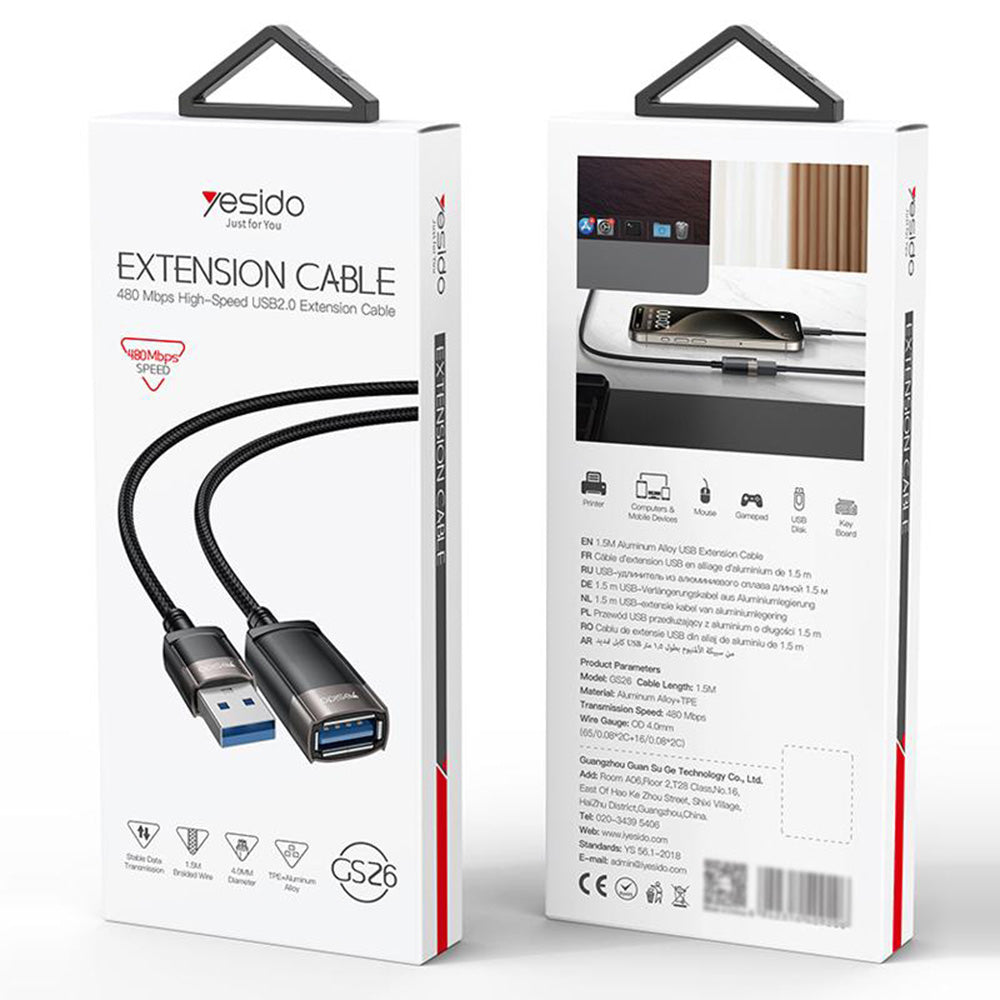 USB-Verlängerungskabel Yesido GS26, 1,5m, Grau