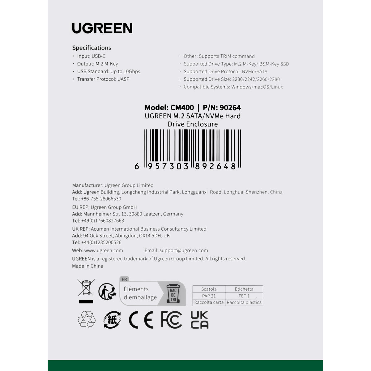 Rack UGREEN CM400 pour SSD M.2 NVMe, Gris