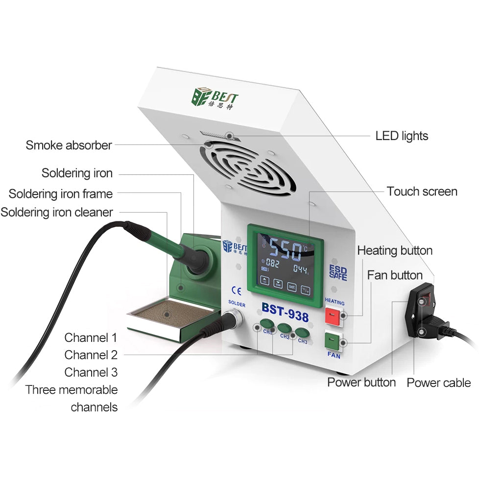 Best BST-938 Lötstation mit Absaugung | 90W | Digital | Reparatur-Werkzeug