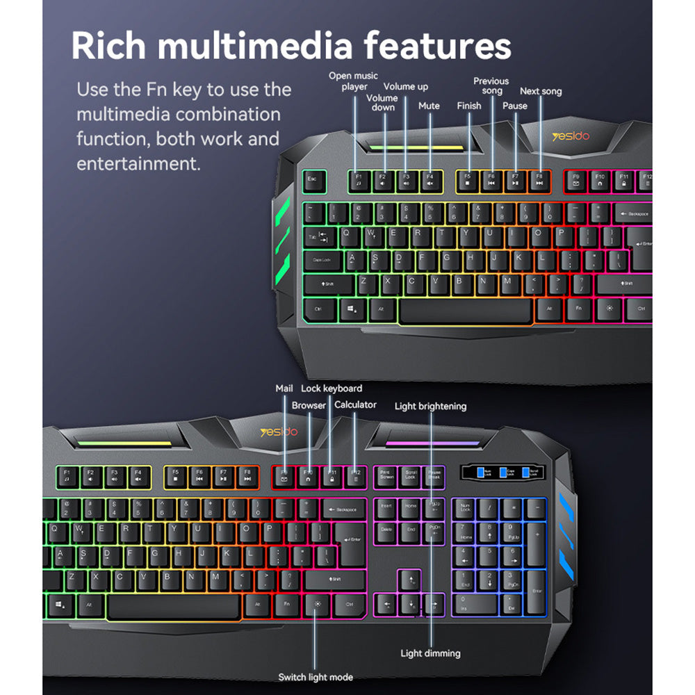 Clavier Gaming Filaire USB Yesido KB21, RGB, 1,5m, Noir