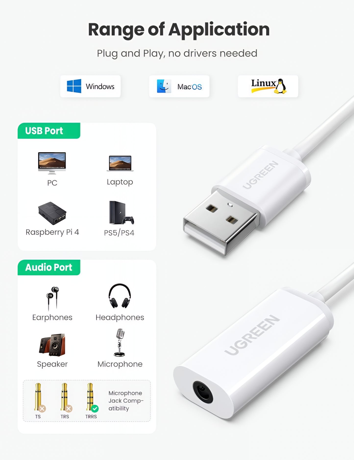Adaptateur Audio UGREEN US206, USB-A - 3.5mm, Blanc