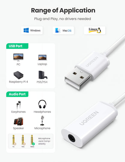 Adaptateur Audio UGREEN US206, USB-A - 3.5mm, Blanc