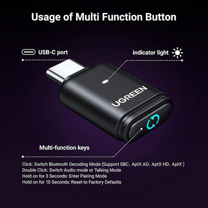 Adaptateur Bluetooth USB-C UGREEN BT501, Noir
