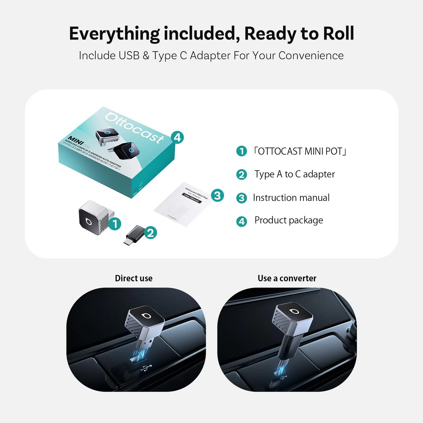 Adaptateur Carplay / Android Auto sans fil Ottocast Mini Cube Style C pour Apple iPhone / série Android CP88-T3