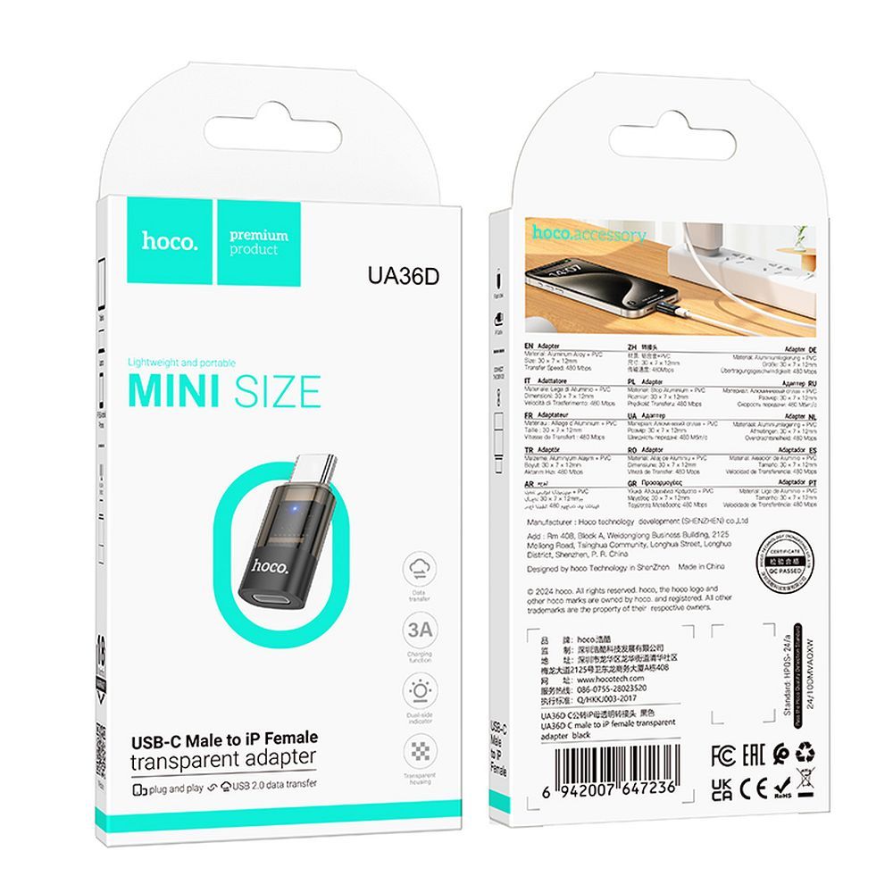 Adaptateur de données et de charge Lightning - USB-C HOCO UA36D, Noir