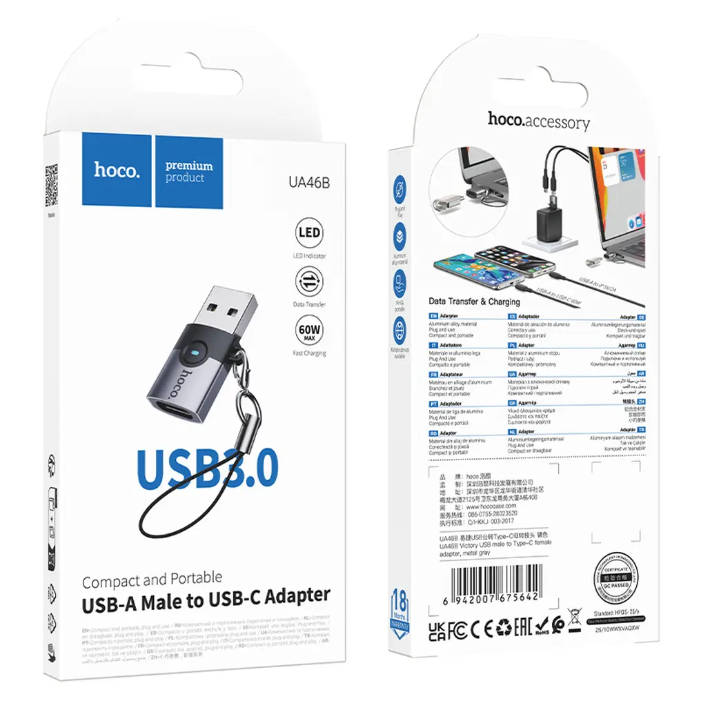 Adaptateur de données et de charge USB-C - USB-A HOCO UA46B, Gris