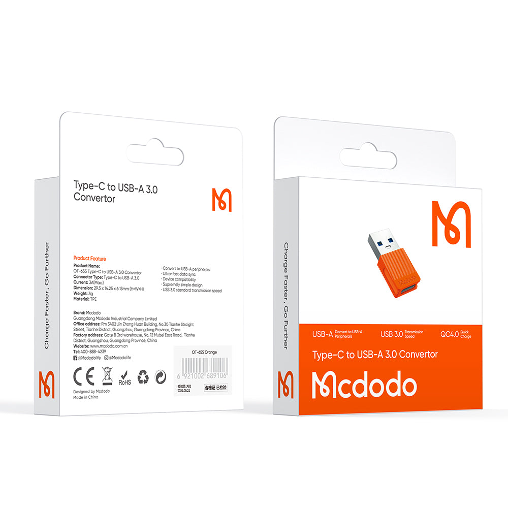 Adaptateur de Données et de Chargement USB-C - USB-A McDodo OT-6550, Orange