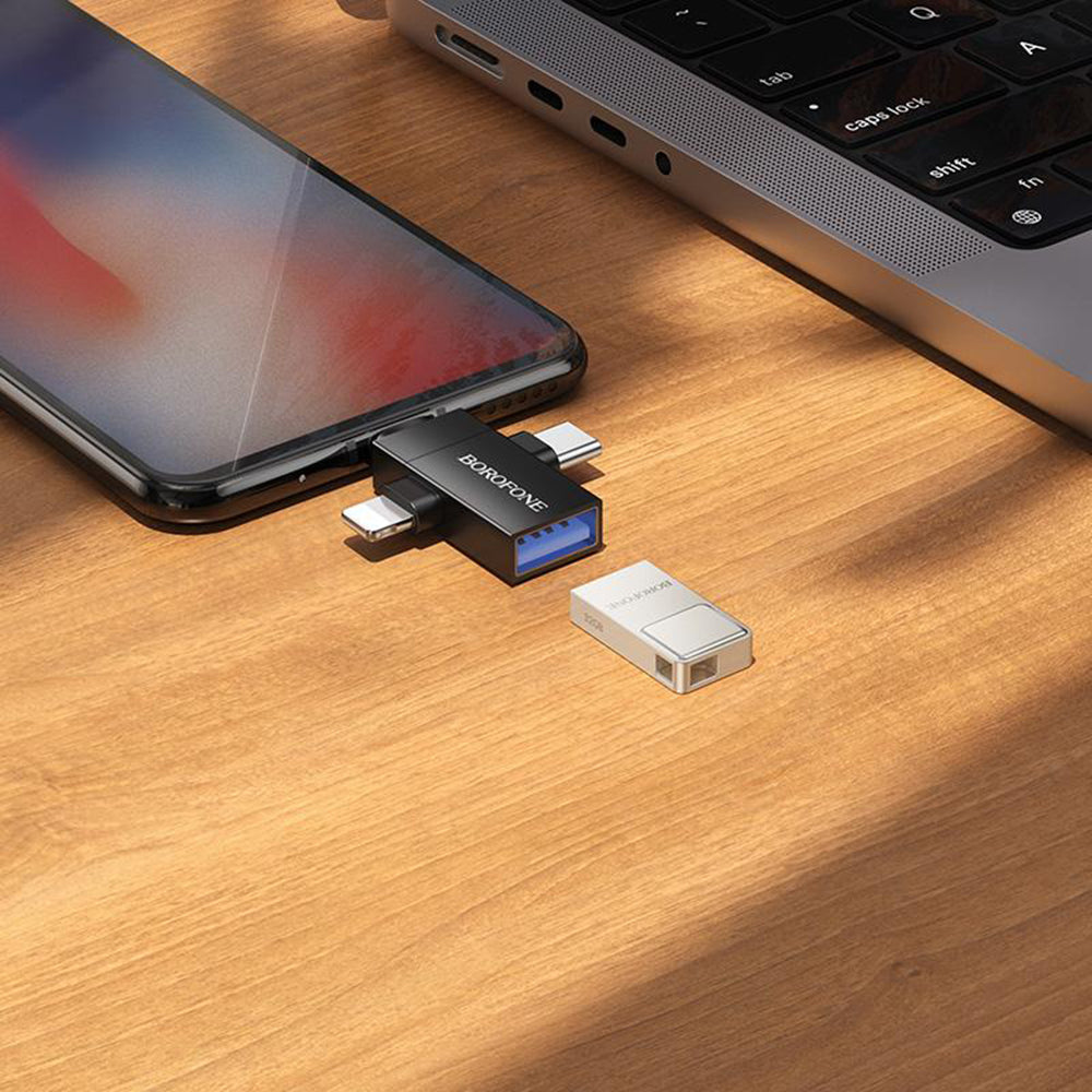 Adaptateur OTG Lightning / microUSB / USB-C - USB-A Borofone BV26D, Noir