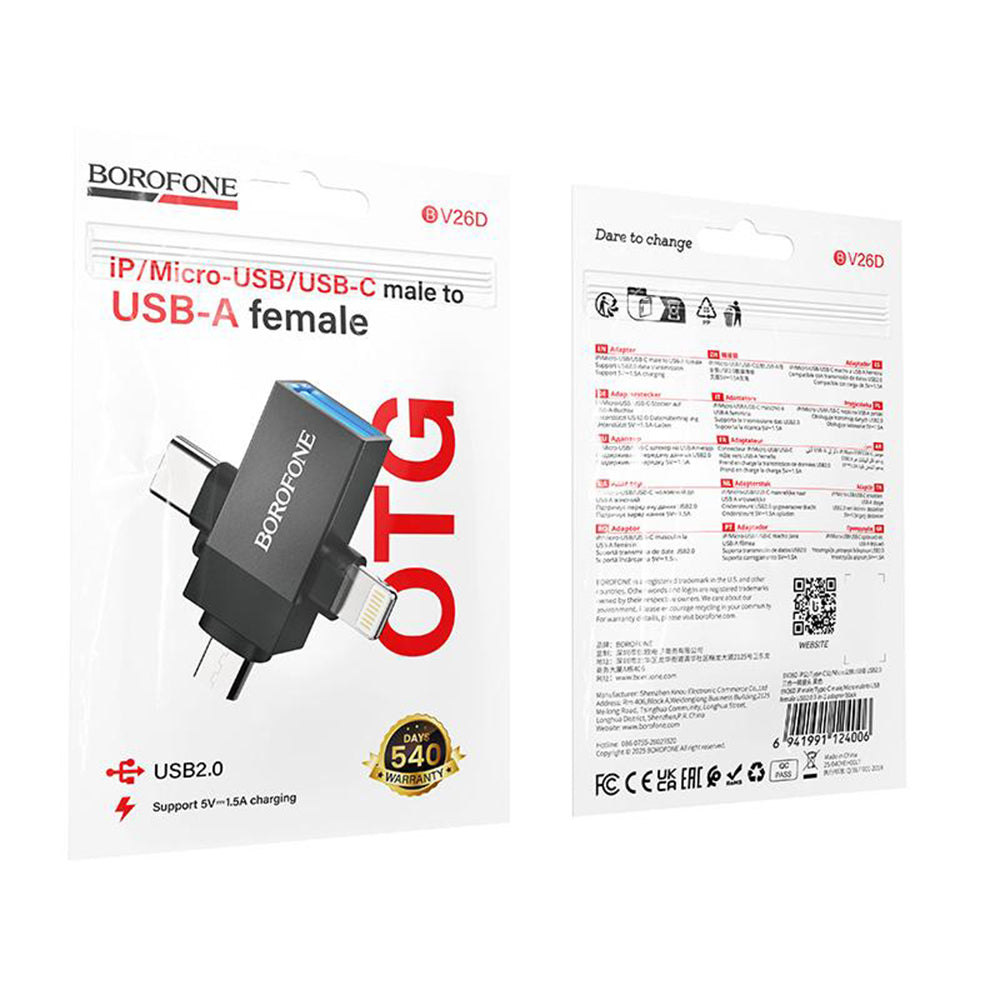 Adaptateur OTG Lightning / microUSB / USB-C - USB-A Borofone BV26D, Noir