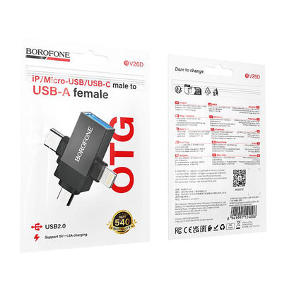 Adaptateur OTG Lightning / microUSB / USB-C - USB-A Borofone BV26D, Noir