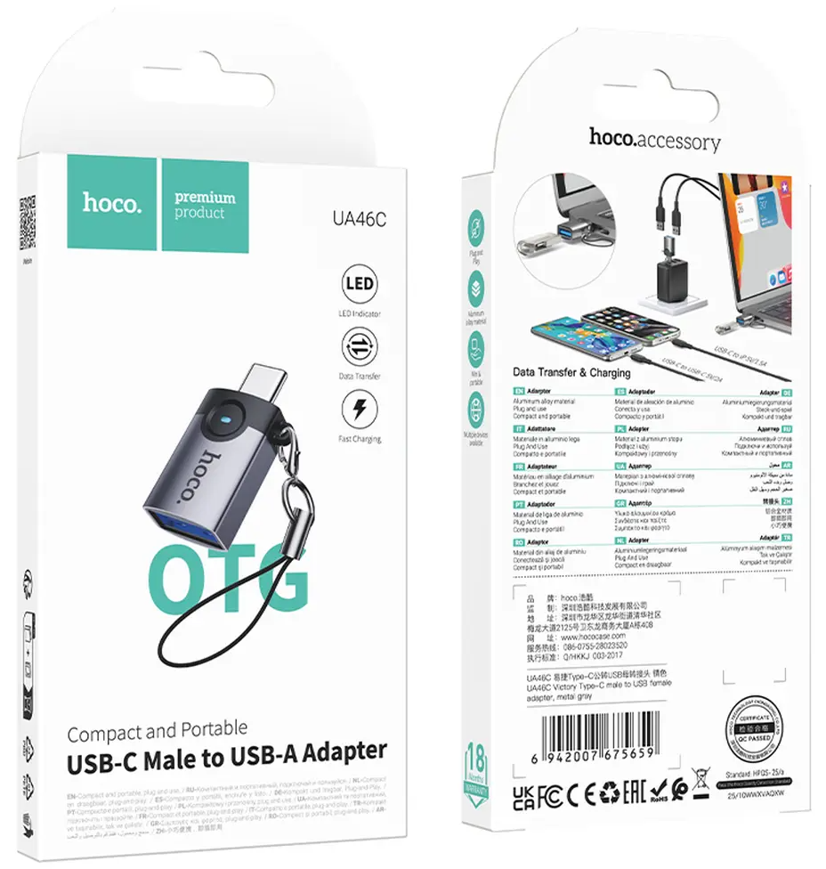 Adaptateur OTG USB-C - USB-A HOCO UA46C, Gris