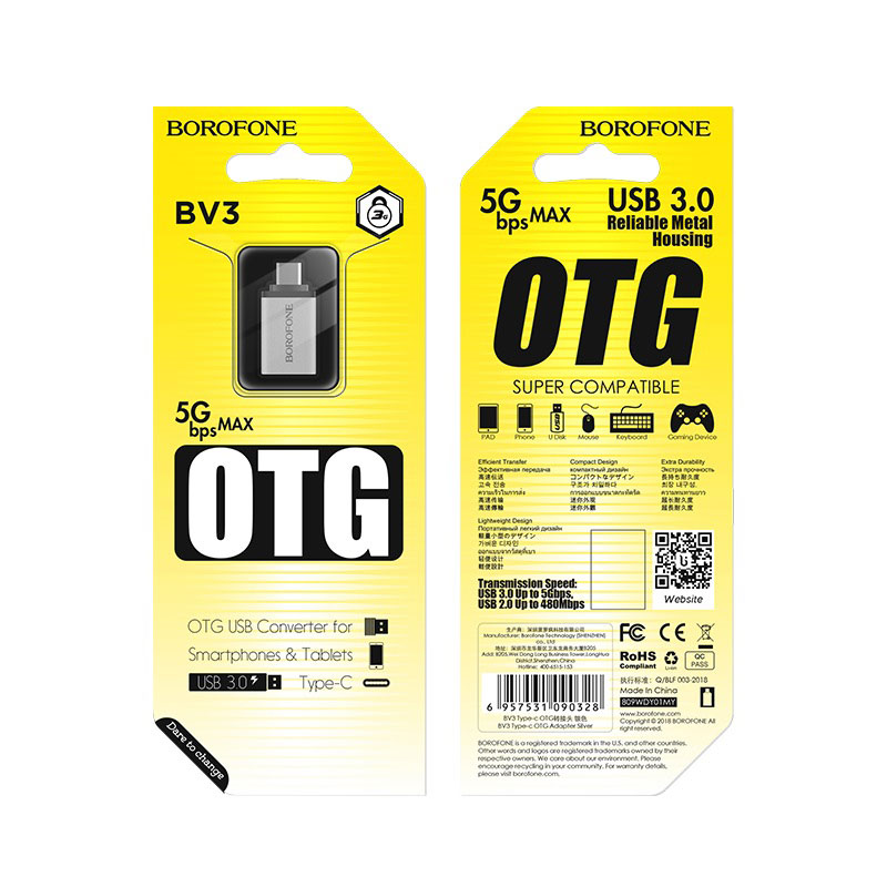 Adaptateur OTG USB-A - USB-C Borofone BV3, Argenté