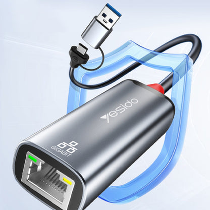 Netzwerkadapter Yesido HB26, RJ45, USB / USB-C, Grau