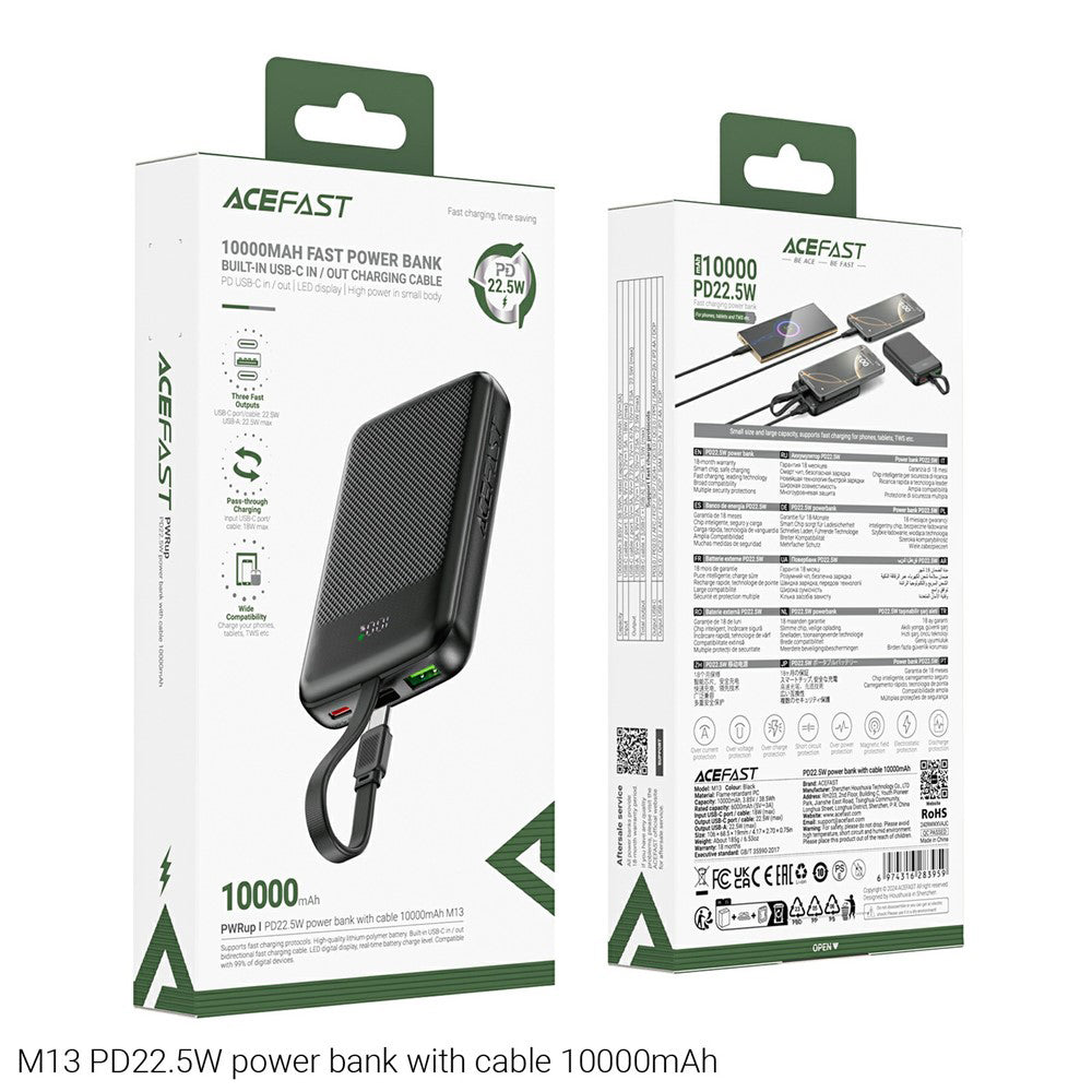 Externer Akku Acefast M13, 10000mAh, 22.5W, QC + PD, 1 x USB-A - 2 x USB-C, Schwarz.