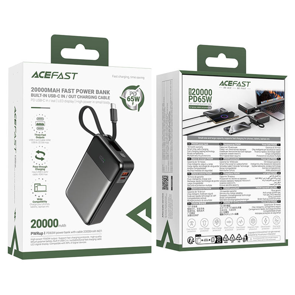 Batterie Externe Acefast M21, 20000mAh, 65W, QC + PD, 1 x USB-A - 2 x USB-C, Noire