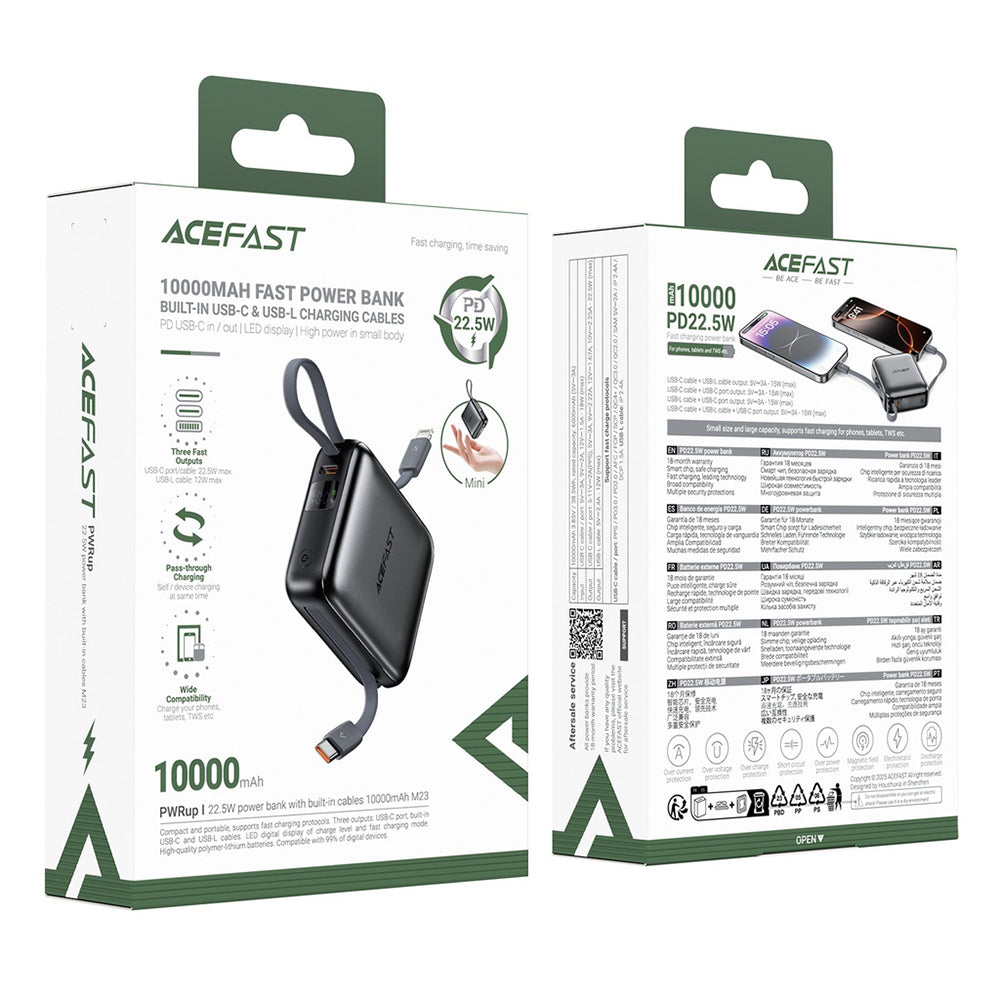 Batterie Externe Acefast M23, 10000mAh, 22.5W, QC + PD, 1 x Lightning - 2 x USB-C, Gris