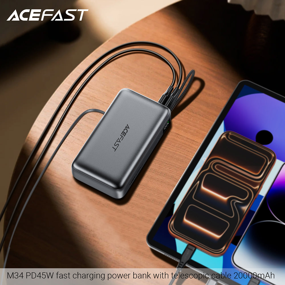 Batterie Externe Acefast M34, 20000mAh, 45W, QC + PD, 1 x USB-A - 2 x USB-C, Gris
