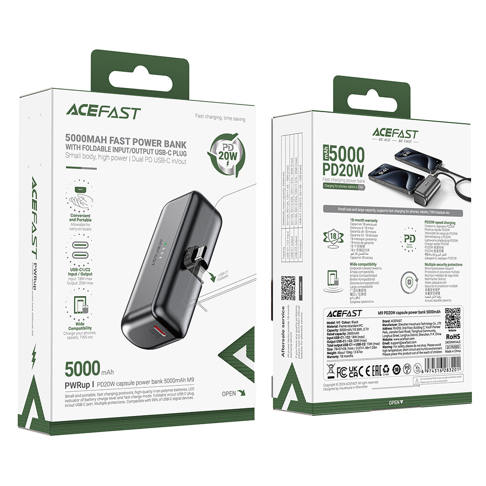 Acefast M9 Externe Batterie, 5000mAh, 20W, PD, 2 x USB-C, Schwarz