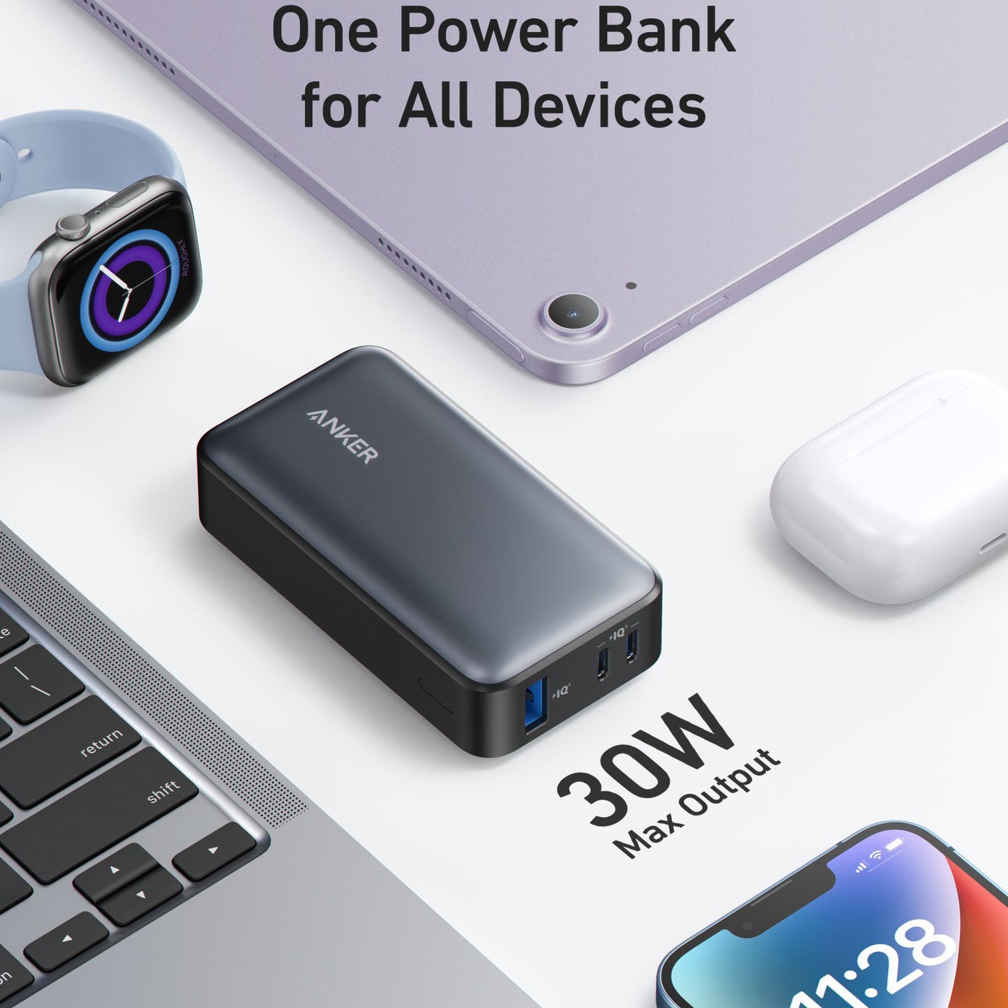 Externer Akku Anker 533, 10000mAh, 30W, QC + PD, 1 x USB-A - 2 x USB-C, Schwarz A1256G11