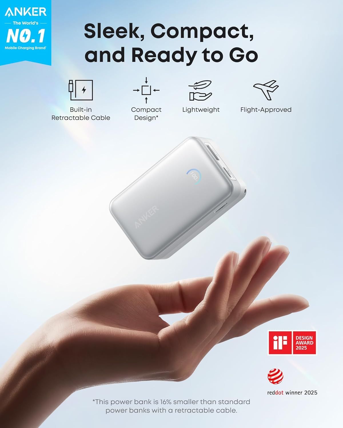 Externer Akku Anker Nano, 10000mAh, 45W, QC + PD, 1 x USB-A - 1 x USB-C, Weiß A1638H21