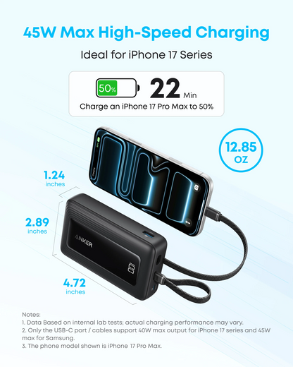 Anker Zolo Powerbank, 20000 mAh, 30 W, QC + PD, 1 x Lightning – 1 x USB-A – 2 x USB-C, Schwarz A1681012