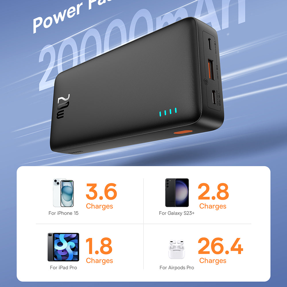Externer Akku Baseus Airpow, 20000mAh, 20W, QC + PD, 1 x USB-A - 1 x USB-C, Schwarz P10022804113-00