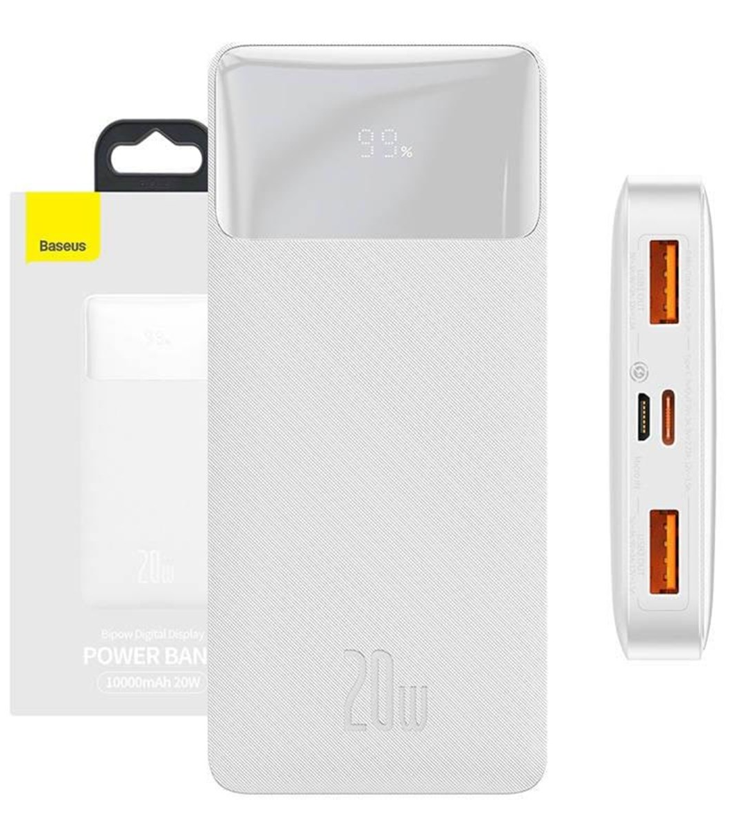 Baseus Bipow External Battery, 10000mAh, 20W, QC + PD, 1 x USB-C - 2 x USB-A, White PPBD050502