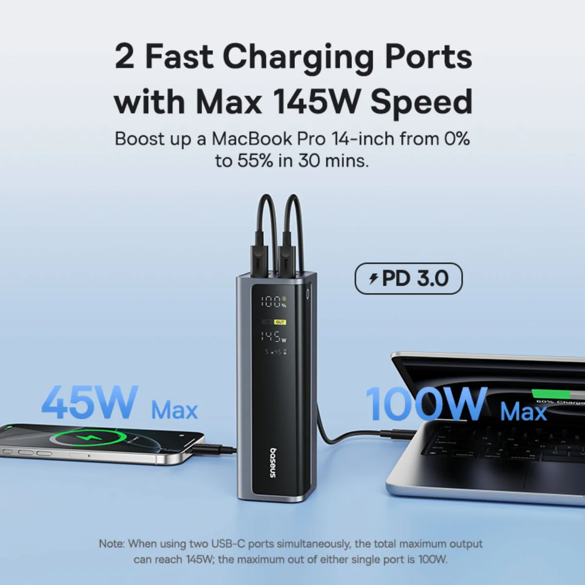 Externer Akku Baseus EnerGeek GP12, 20800mAh, 145W, QC + PD, 2 x USB-A - 2 x USB-C, Grau P10082109813-00