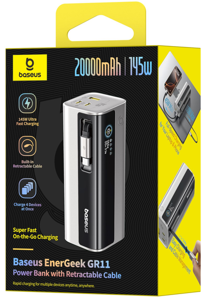 Batterie Externe Baseus EnerGeek GR11, 20000mAh, 145W, QC + PD, 1 x USB-A - 3 x USB-C, Argent E0027B02