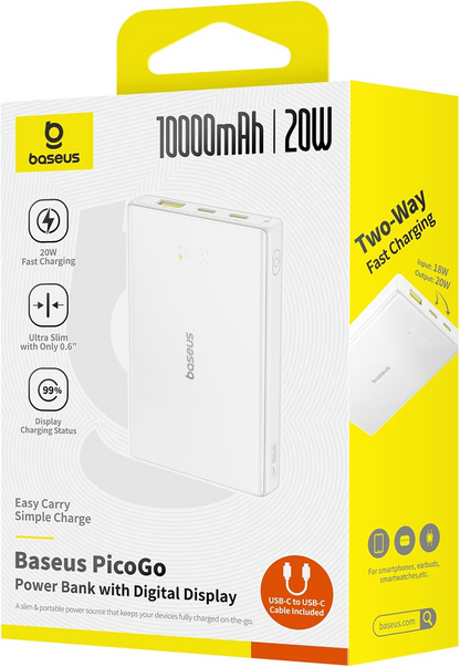 Externer Akku Baseus PicoGo, 10000mAh, 20W, QC + PD, 1 x USB-A - 2 x USB-C, Weiß P10076801213-00