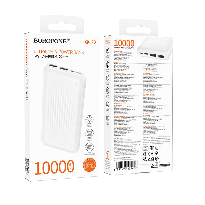 Batterie Externe Borofone BJ78 Clever, 10000mAh, 10W, 2 x USB-A, Blanche