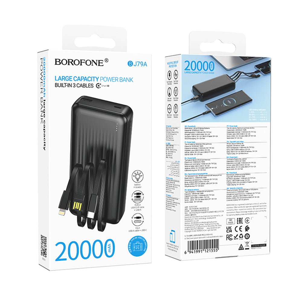 Batterie Externe Borofone BJ79 Clever, 20000mAh, 10W, 1 x Lightning - 1 x USB-A - 1 x USB-C, Noire