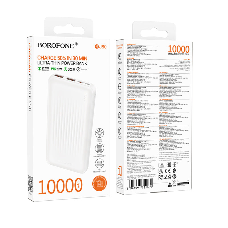 Externer Akku Borofone BJ80A Clever, 10000mAh, 22.5W, QC + PD, 1 x USB-C - 2 x USB-A, Weiß