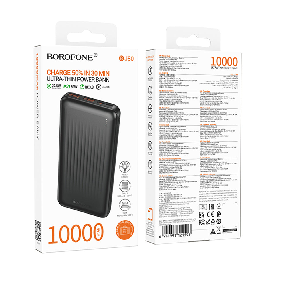 Externer Akku Borofone BJ80A Clever, 10000mAh, 22.5W, QC + PD, 1 x USB-C - 2 x USB-A, Schwarz