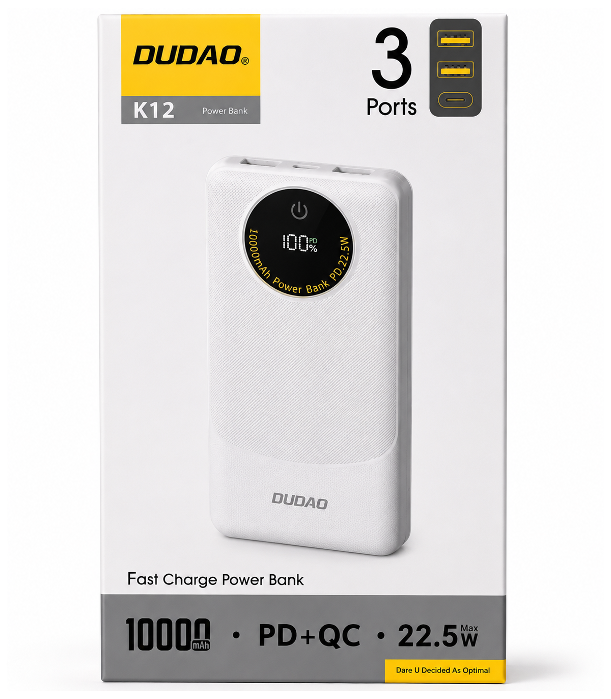 Batterie Externe Dudao K12, 10000mAh, 22.5W, QC + PD, 1 x USB-C - 2 x USB-A, Blanche