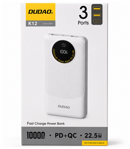 Batterie Externe Dudao K12, 10000mAh, 22.5W, QC + PD, 1 x USB-C - 2 x USB-A, Blanche