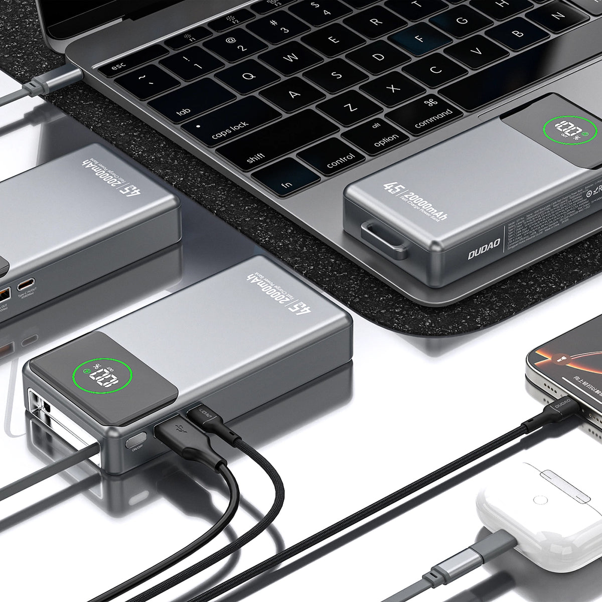 Dudao K31 Pro External Battery, 20000mAh, 45W, QC + PD, 1 x USB-A - 2 x USB-C, Gray
