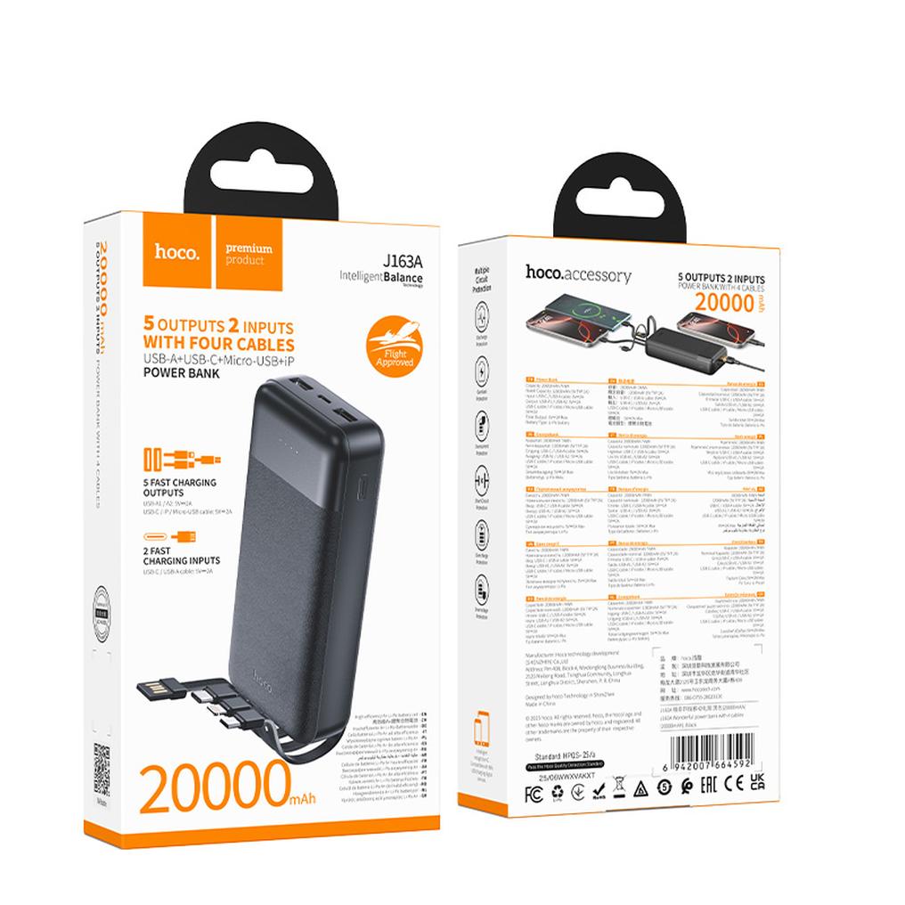 HOCO J163A Powerbank, 20000 mAh, 10 W, 1 x Lightning – 1 x Micro-USB – 1 x USB-C – 2 x USB-A, Schwarz