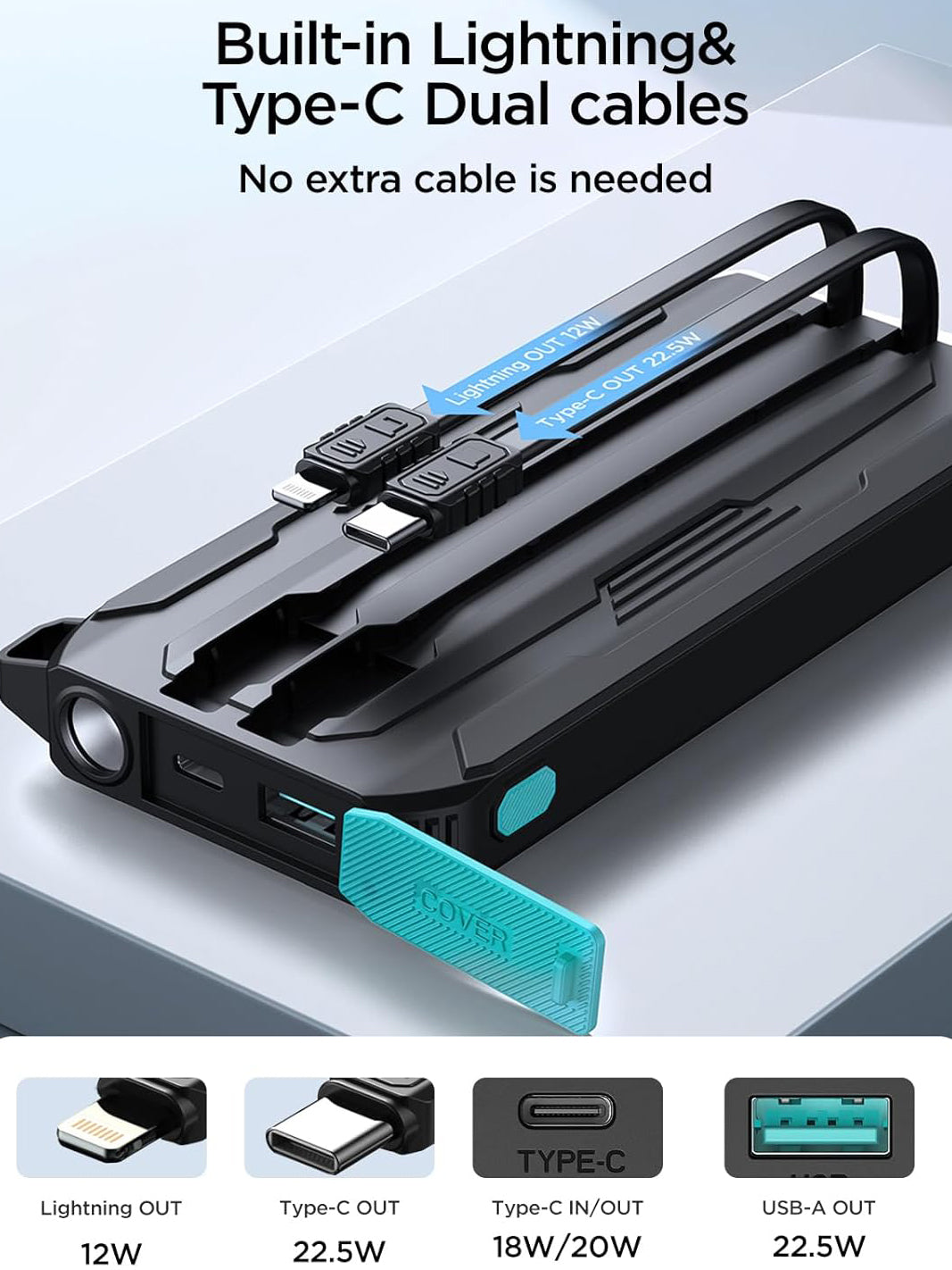 Batterie Externe Joyroom JR-L017, 10000mAh, 22.5W, QC + PD, 1 x Lightning - 1 x USB-A - 2 x USB-C, Noire