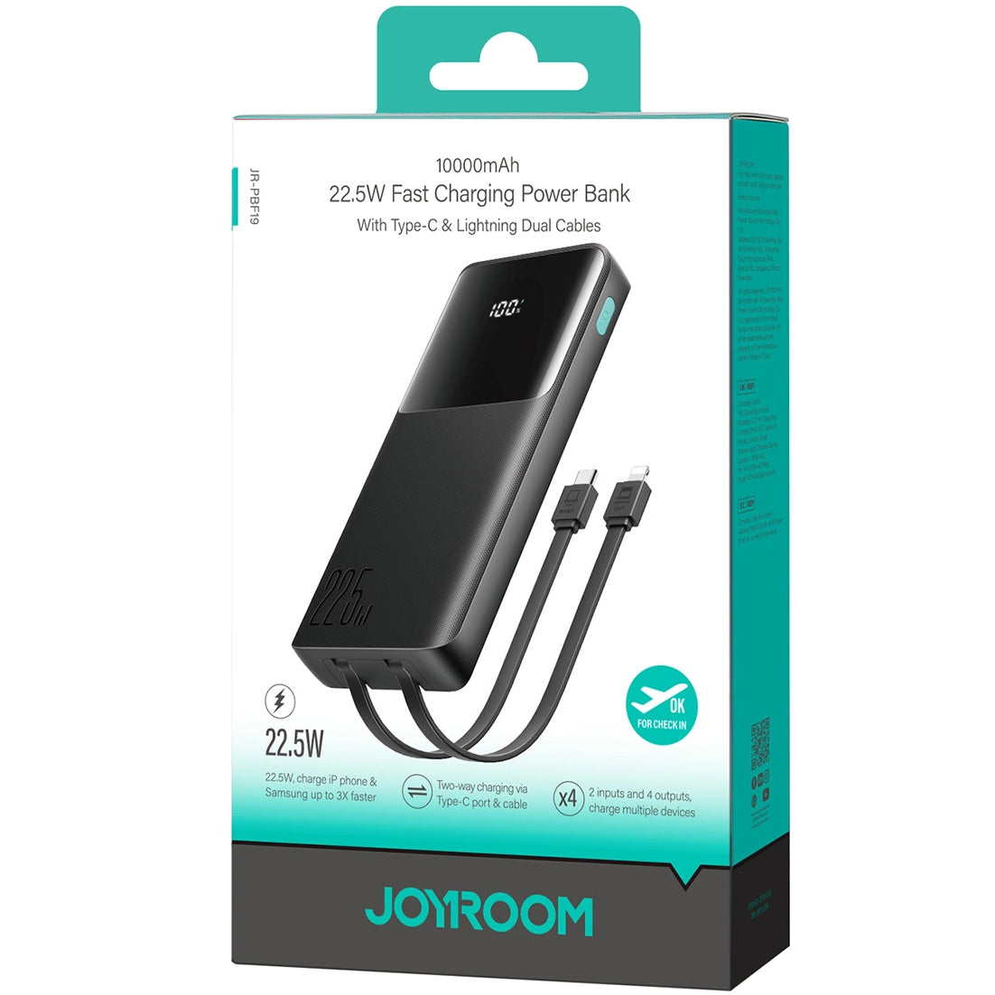 Externer Akku Joyroom JR-PBF19, 10000mAh, 22.5W, QC + PD, 1 x Lightning - 1 x USB-A - 2 x USB-C, Schwarz