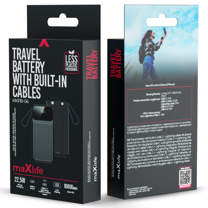 Externer Akku MaXlife MXPB-06, 10000mAh, 22,5W, QC + PD, 1 x Lightning - 2 x USB-A - 2 x USB-C, Schwarz