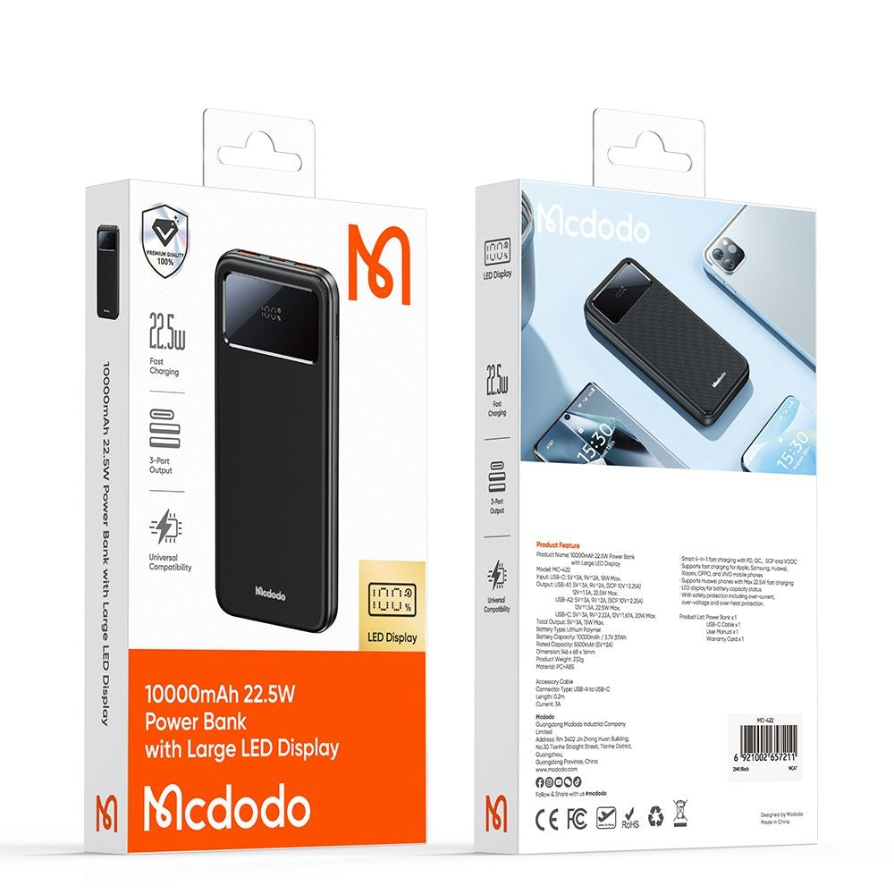 Batterie Externe McDodo MC-4220, 10000mAh, 22.5W, QC + PD, 2 x USB-A - 1 x USB-C, Noire