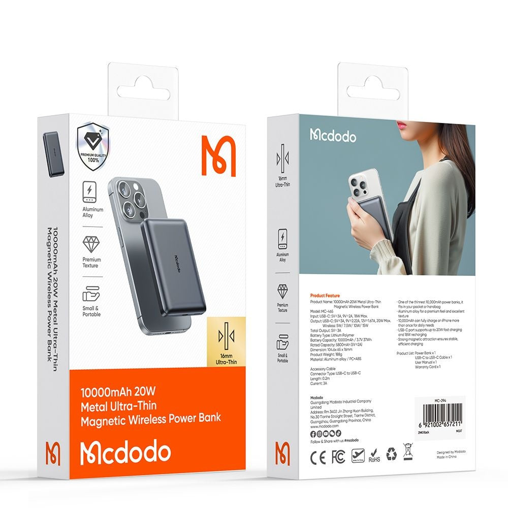 Externer Wireless-Akku McDodo MC-4651 Meta, 10000mAh, 20W, PD + FQI, 1 x QI - 1 x USB-C, Schwarz