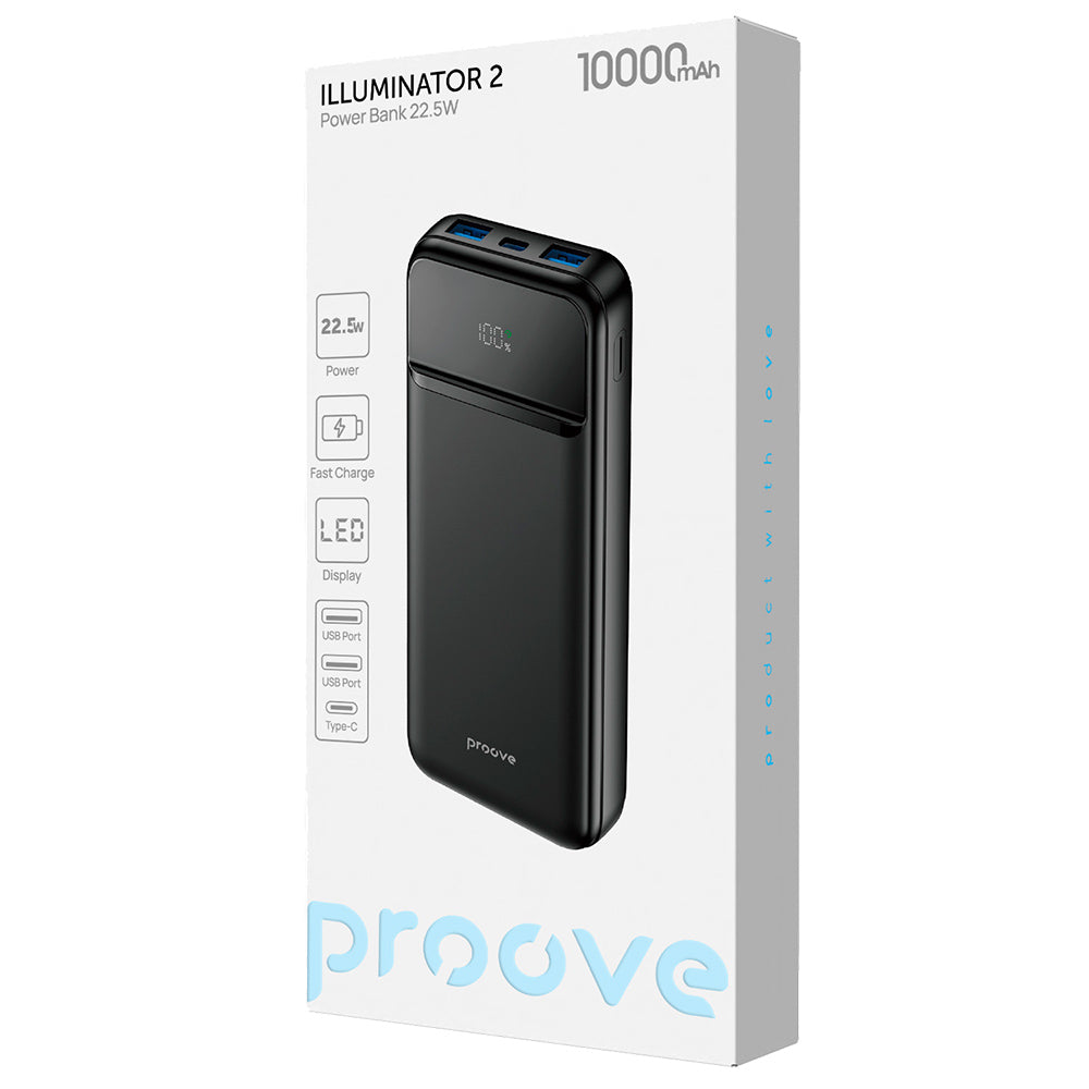 Externer Akku Proove Illuminator 2, 10000mAh, 22.5W, QC + PD, 2 x USB-A - 1 x USB-C, Schwarz PBIP10212201