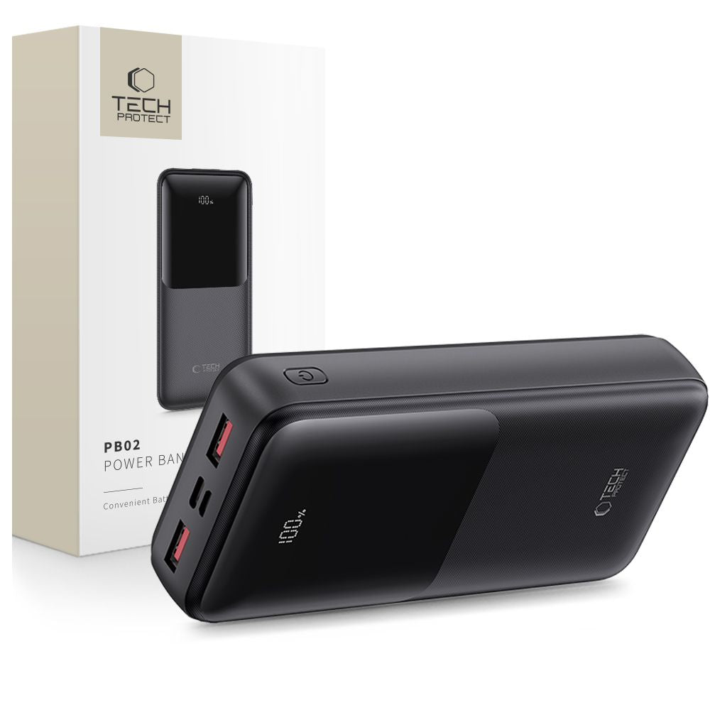 Externer Akku Tech-Protect PB02, 20000mAh, 22.5W, QC + PD, 1 x USB-C - 2 x USB-A, Schwarz