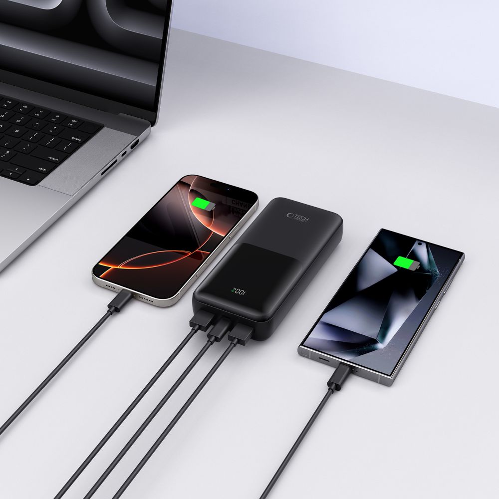 Externer Akku Tech-Protect PB02, 20000mAh, 22.5W, QC + PD, 1 x USB-C - 2 x USB-A, Schwarz