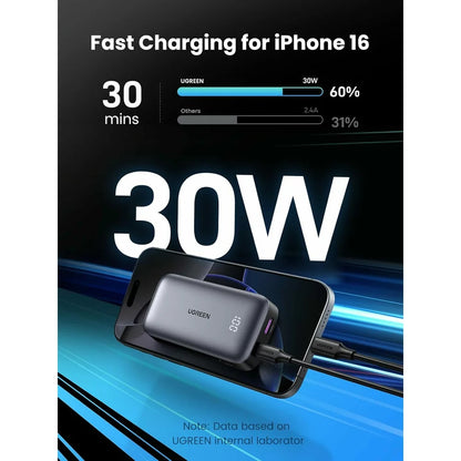 Externer Akku UGREEN PB502, 10000mAh, 30W, QC + PD, 1 x USB-A - 1 x USB-C, Grau